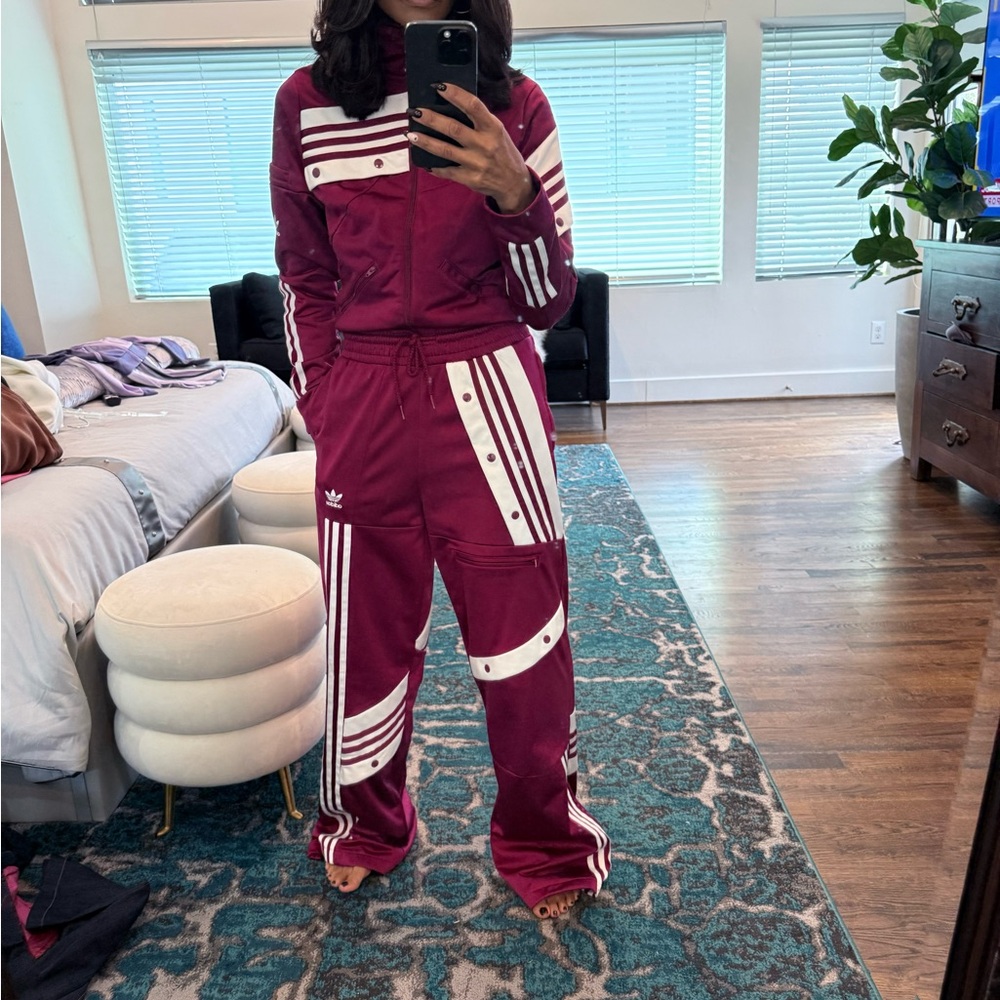 Adidas Women's Maroon Track Suit with White Stripes